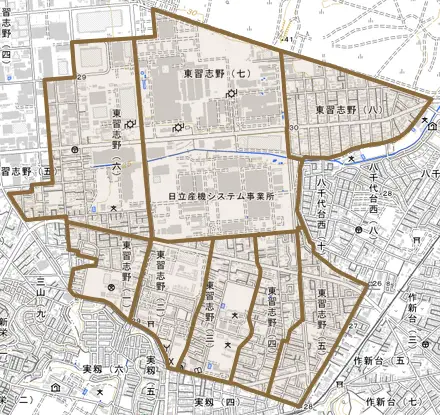 東習志野とその周辺の地図。町の範囲を重ねている