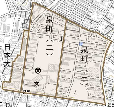 泉町とその周辺の地図。町の範囲を重ねている