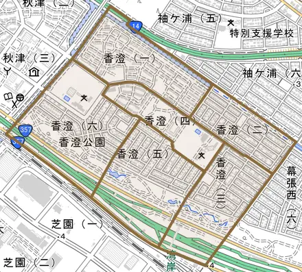 香澄とその周辺の地図。町の範囲を重ねている