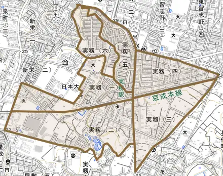 実籾とその周辺の地図。町の範囲を重ねている