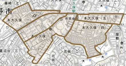 本大久保とその周辺の地図。町の範囲を重ねている