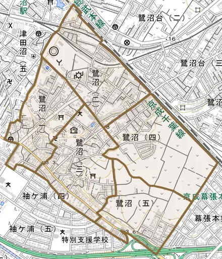 鷺沼とその周辺の地図。町の範囲を重ねている