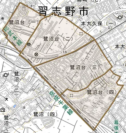 鷺沼台とその周辺の地図。町の範囲を重ねている