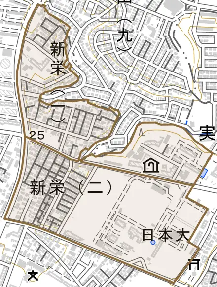 新栄とその周辺の地図。町の範囲を重ねている