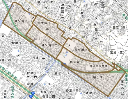 袖ケ浦とその周辺の地図。町の範囲を重ねている