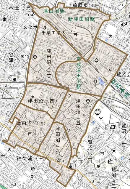 津田沼とその周辺の地図。町の範囲を重ねている