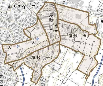屋敷とその周辺の地図。町の範囲を重ねている