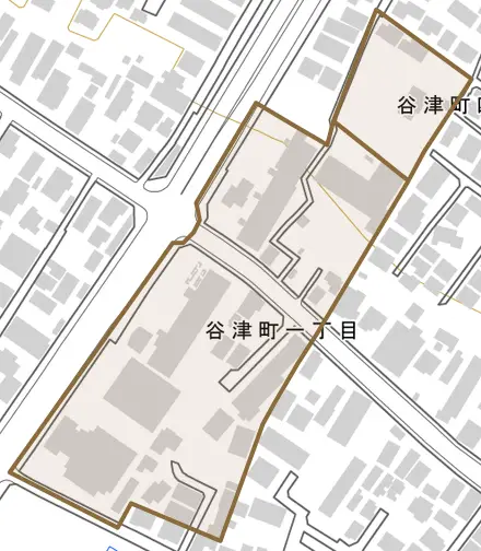 谷津町とその周辺の地図。町の範囲を重ねている