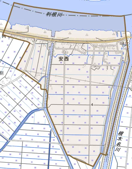 安西とその周辺の地図。町の範囲を重ねている