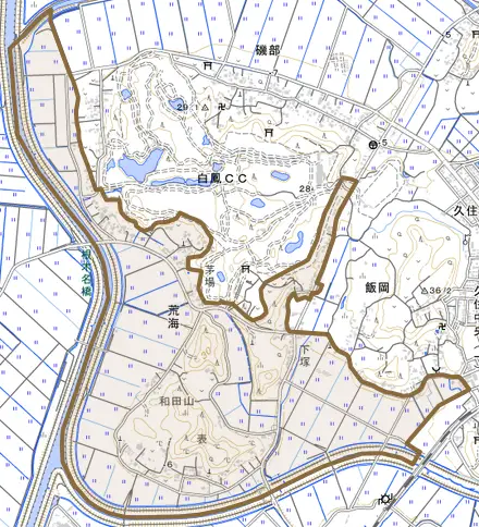 荒海とその周辺の地図。町の範囲を重ねている