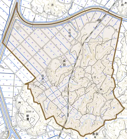 芦田とその周辺の地図。町の範囲を重ねている