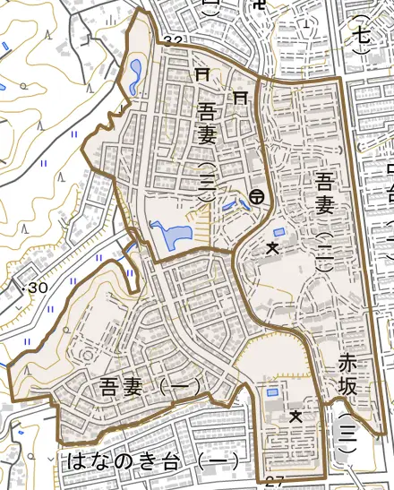 吾妻とその周辺の地図。町の範囲を重ねている