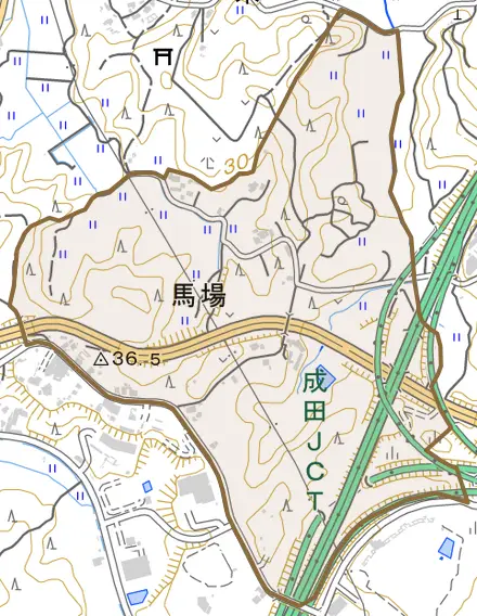 馬場とその周辺の地図。町の範囲を重ねている