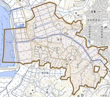 台方とその周辺の地図。町の範囲を重ねている
