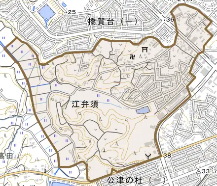 江弁須とその周辺の地図。町の範囲を重ねている