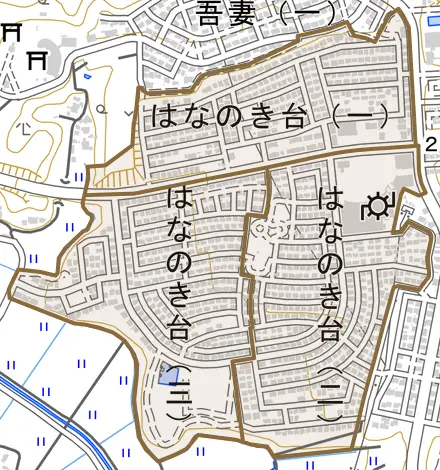 はなのき台とその周辺の地図。町の範囲を重ねている