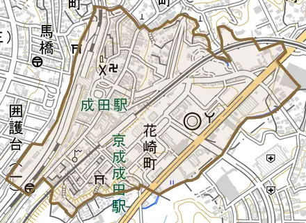 花崎町とその周辺の地図。町の範囲を重ねている