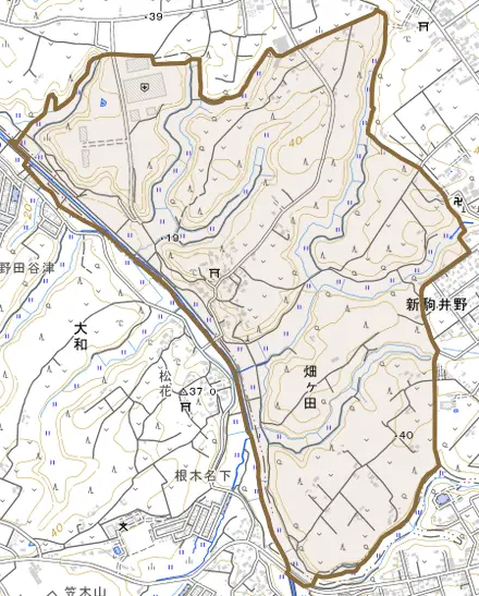畑ケ田とその周辺の地図。町の範囲を重ねている