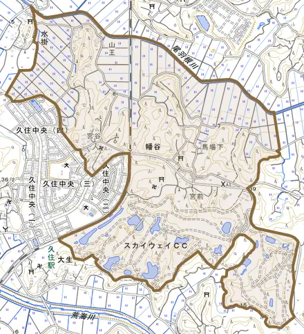 幡谷とその周辺の地図。町の範囲を重ねている