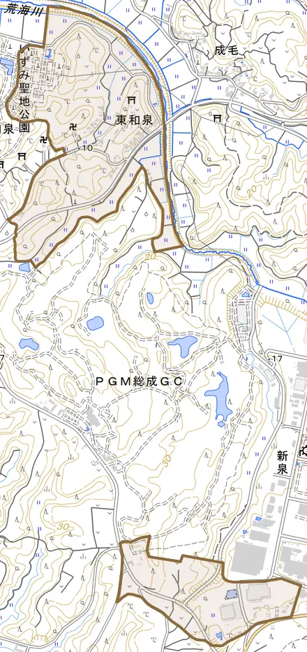 東和泉とその周辺の地図。町の範囲を重ねている