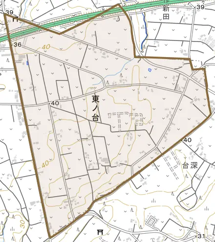 東ノ台とその周辺の地図。町の範囲を重ねている