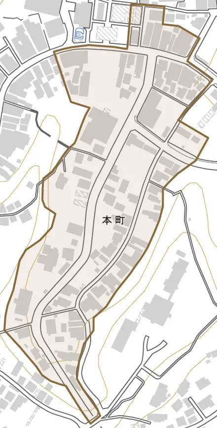 本町とその周辺の地図。町の範囲を重ねている