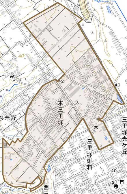 本三里塚とその周辺の地図。町の範囲を重ねている