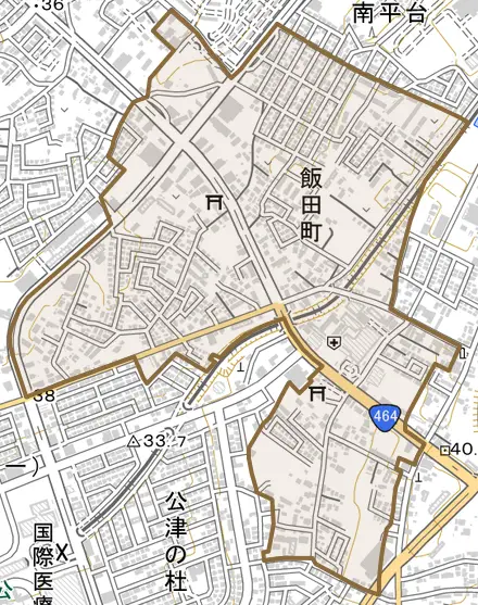 飯田町とその周辺の地図。町の範囲を重ねている