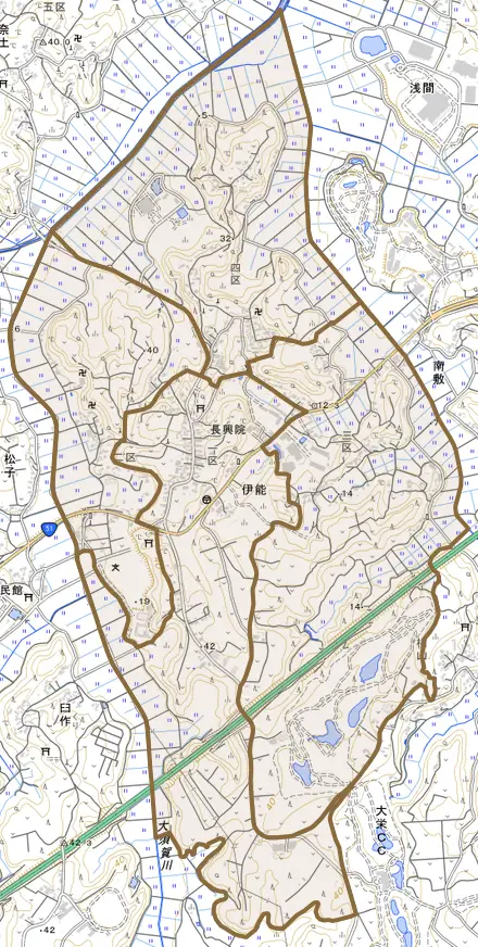 伊能とその周辺の地図。町の範囲を重ねている