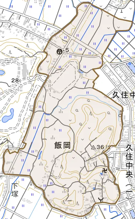 飯岡とその周辺の地図。町の範囲を重ねている