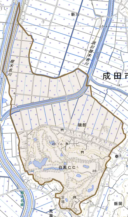 磯部とその周辺の地図。町の範囲を重ねている