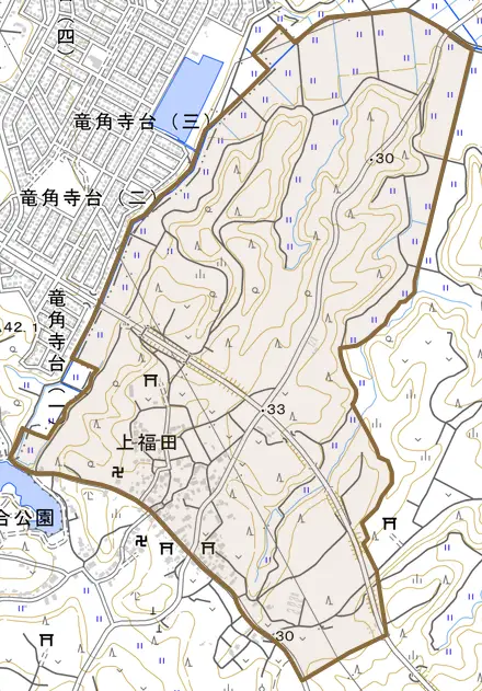 上福田とその周辺の地図。町の範囲を重ねている