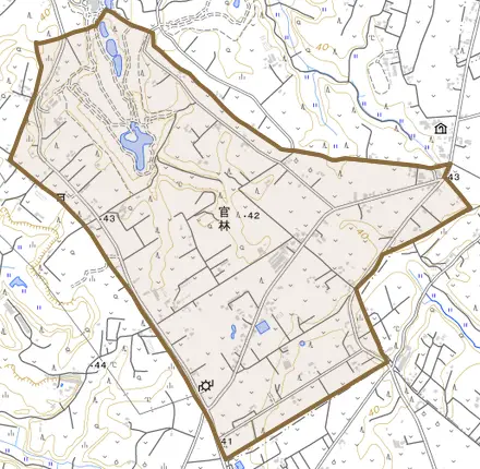 官林とその周辺の地図。町の範囲を重ねている