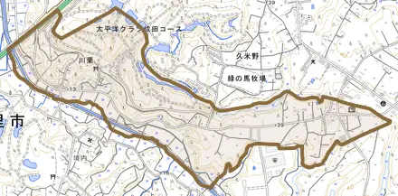 川栗とその周辺の地図。町の範囲を重ねている