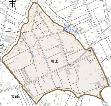 川上とその周辺の地図。町の範囲を重ねている