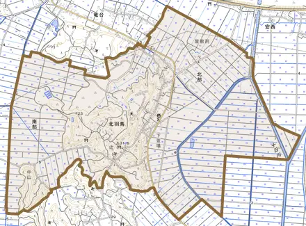 北羽鳥とその周辺の地図。町の範囲を重ねている