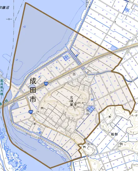 北須賀とその周辺の地図。町の範囲を重ねている