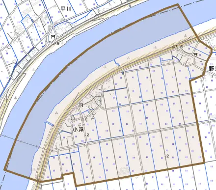 小浮とその周辺の地図。町の範囲を重ねている