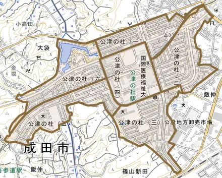 公津の杜とその周辺の地図。町の範囲を重ねている