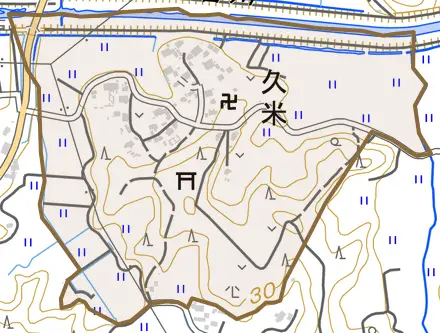 久米とその周辺の地図。町の範囲を重ねている