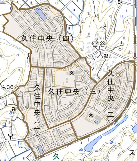 久住中央とその周辺の地図。町の範囲を重ねている