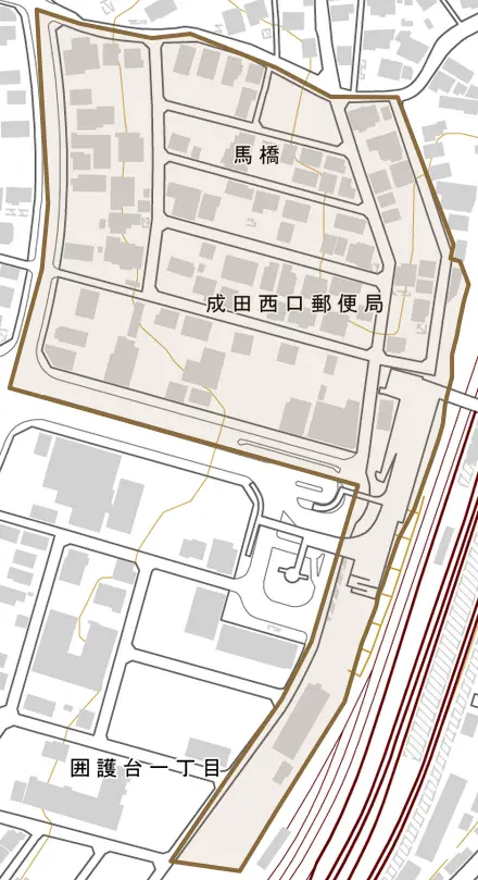 馬橋とその周辺の地図。町の範囲を重ねている