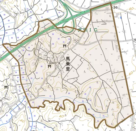 馬乗里とその周辺の地図。町の範囲を重ねている