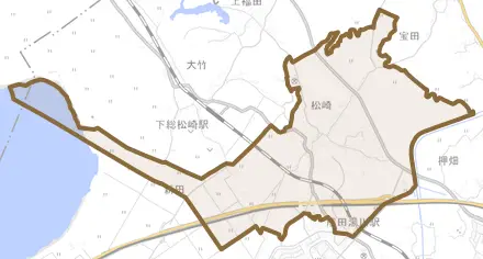 松崎とその周辺の地図。町の範囲を重ねている