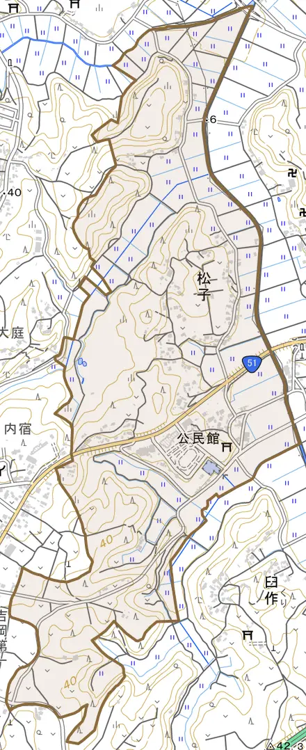 松子とその周辺の地図。町の範囲を重ねている