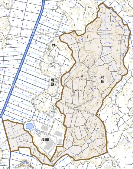 村田とその周辺の地図。町の範囲を重ねている