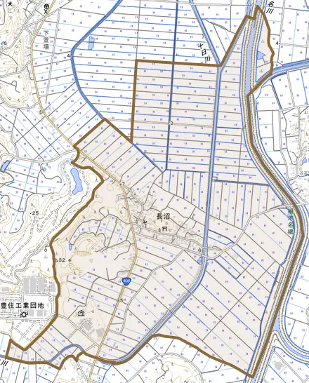 長沼とその周辺の地図。町の範囲を重ねている