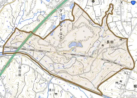 長田とその周辺の地図。町の範囲を重ねている