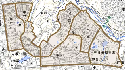 中台とその周辺の地図。町の範囲を重ねている