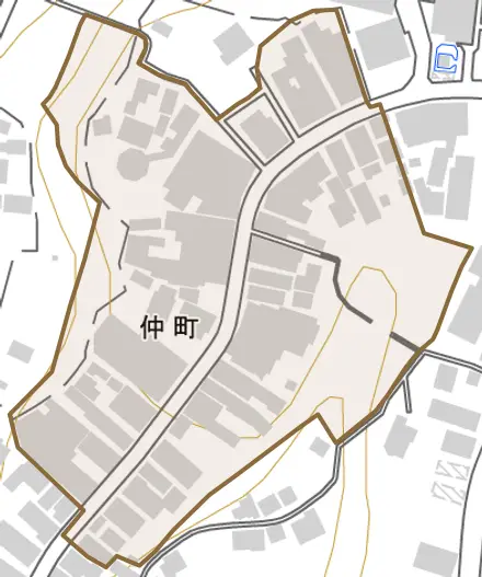 仲町とその周辺の地図。町の範囲を重ねている